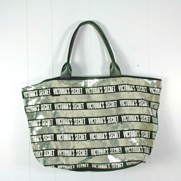 Victoria's Secret Handbags - Victorias Secret Tote Shoulder Bag Black Silver Sequin Zipper Stripe Logo Beach